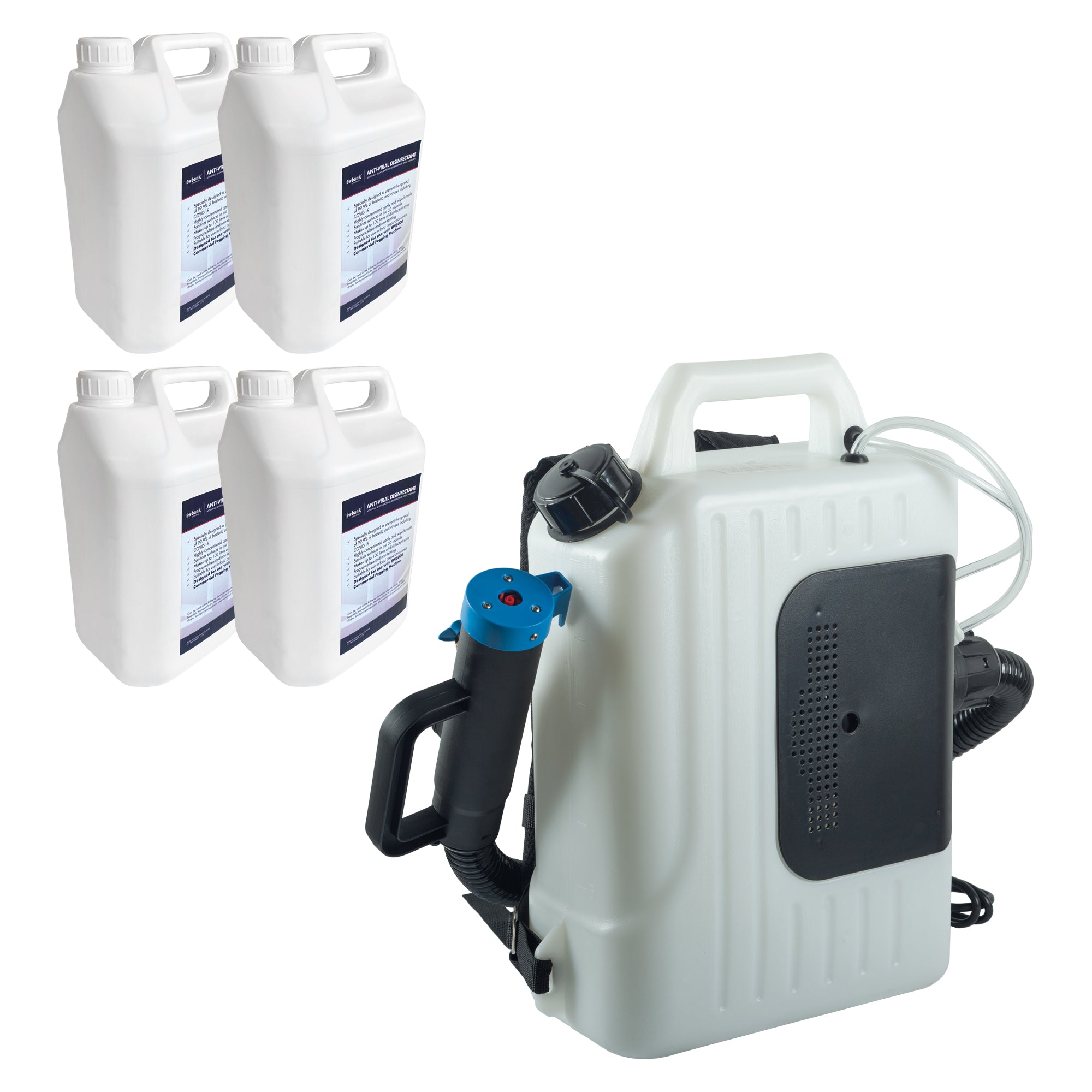 The Disinfecting Backpack Fogger Machine is pictured with four 10L disinfectant bottles, featuring a white body, black handle, and blue nozzle—ideal for pest control or large-scale sanitisation tasks.