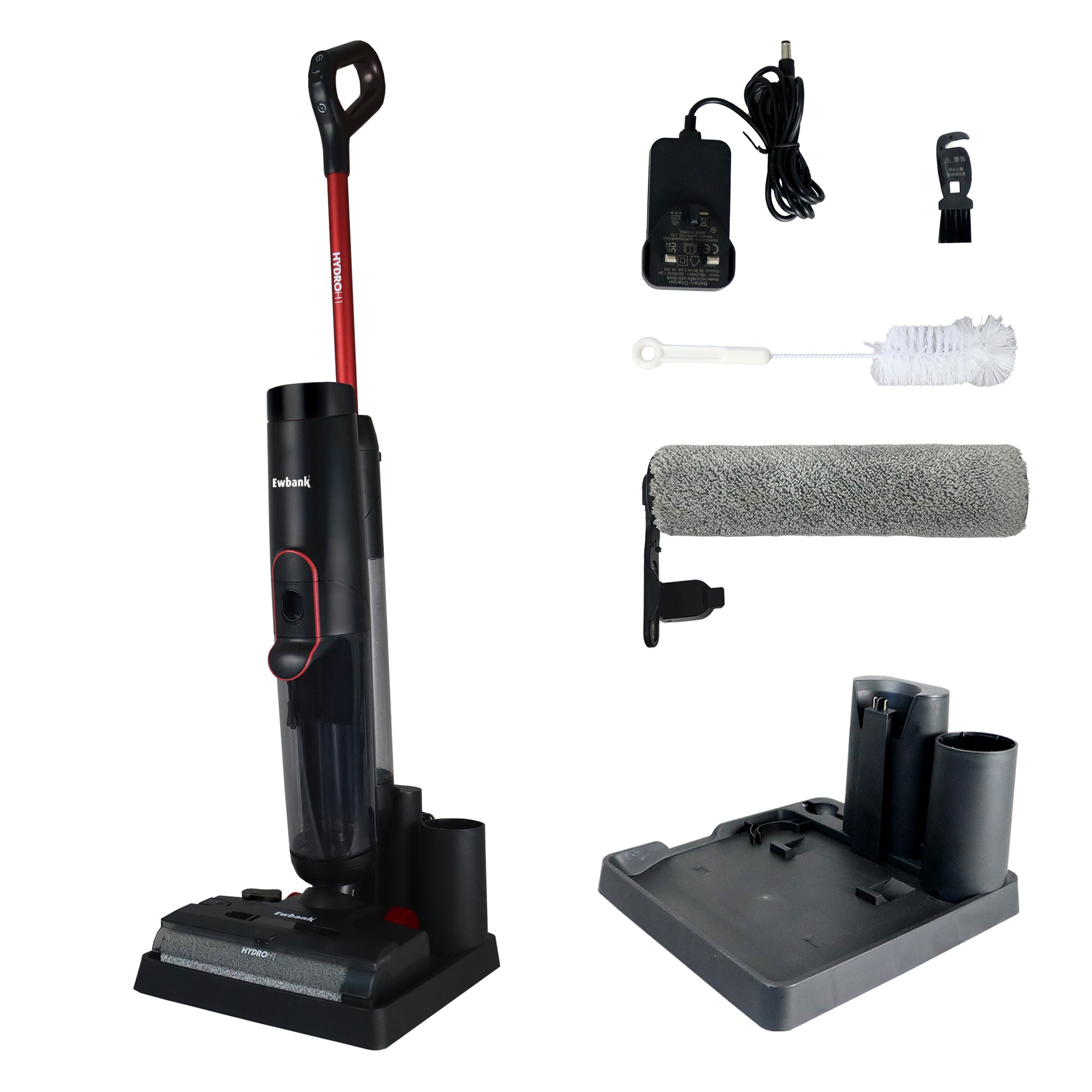The HYDROH1 Cordless Hard Floor Cleaner, a 2-in-1 Wet & Dry Vacuum Cleaner, is shown with handle, charger, small cleaning tool, brush, roller, microfiber cloth, and docking station arranged separately on a white background.