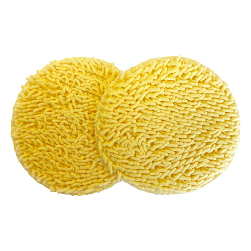 A Pair Of Yellow Buffing Pads for EP170 & EPV1100 with a textured surface overlap on a white background, ideal for floor care and compatible with Ewbank Floor Polishers.
