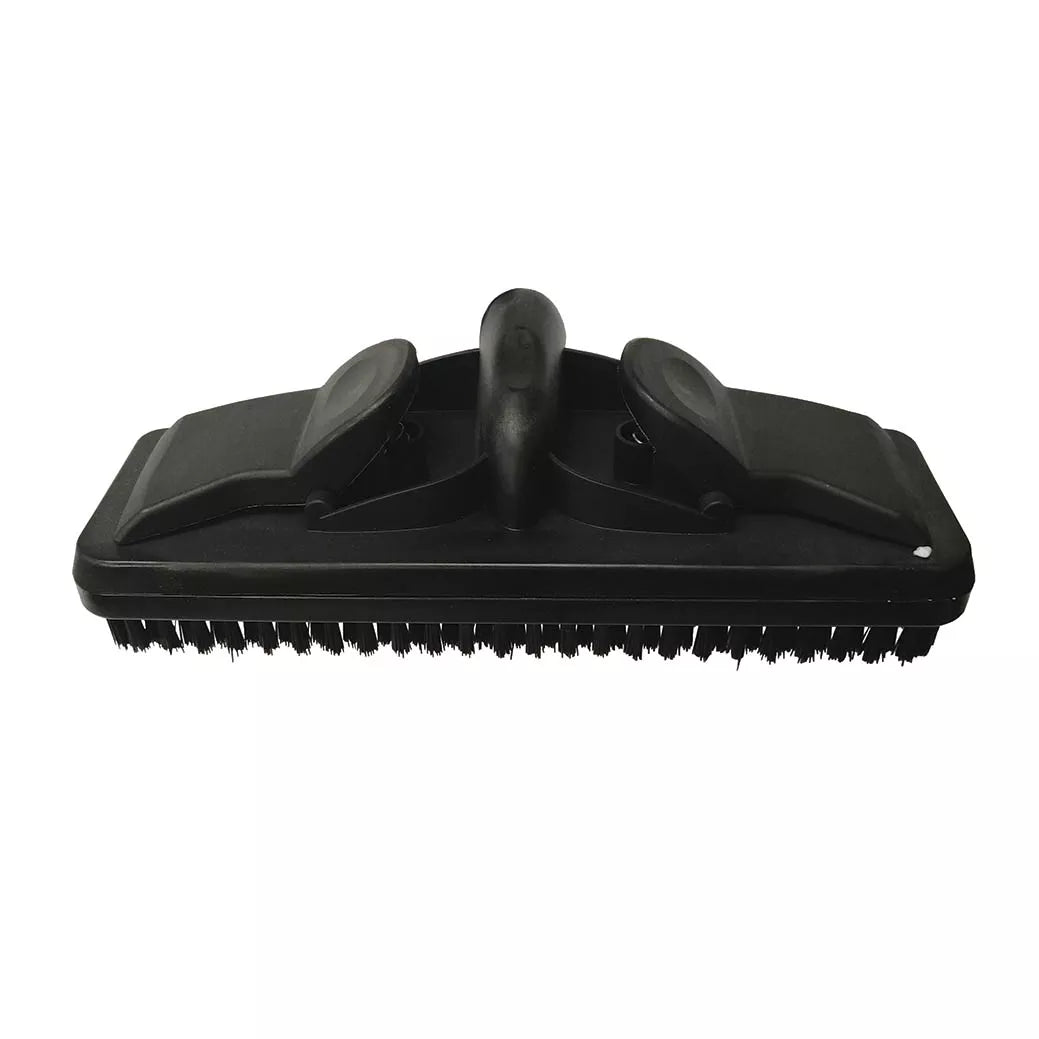 The Floor Head/Brush for SC1000 is a black, rectangular replacement with stiff bristles and an ergonomic handle, designed for Ewbank steam cleaners to make floor scrubbing efficient and effortless.
