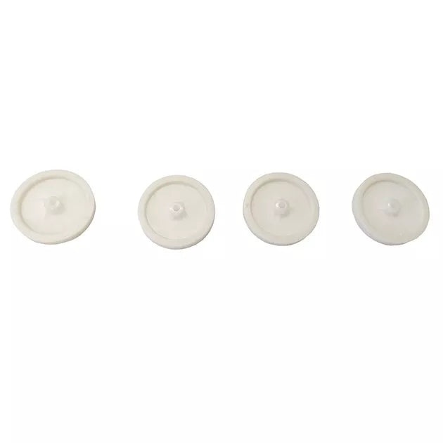Set of four white circular plastic Replacement Wheels (4 Pieces) for 525, featuring a raised center, evenly spaced in a row on a plain white background; perfect for your Manual Carpet Sweeper or Speedsweep model.