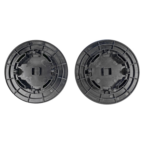 Pair of black round plastic Hook And Loop Plates for EP170 & EPV1100, featuring geometric patterns and central square holes—ideal replacements for floor cleaner polishers. Shown side by side on a white background.