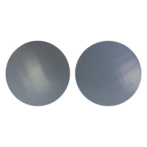 A pair of Hook And Loop Plates for EP170 & EPV1100 floor cleaner polishers are displayed side by side on a white background, showing their round, flat gray mesh design—perfect replacements for your cleaning equipment.