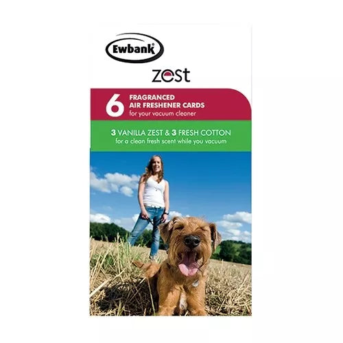 Packaging for Vanilla & Cotton Fragrance Cards 6 Pack for CVZ135 features a woman and her brown dog in a field. Text highlights six fragranced air freshener cards that eliminate pet odours, offered in two irresistible scents.