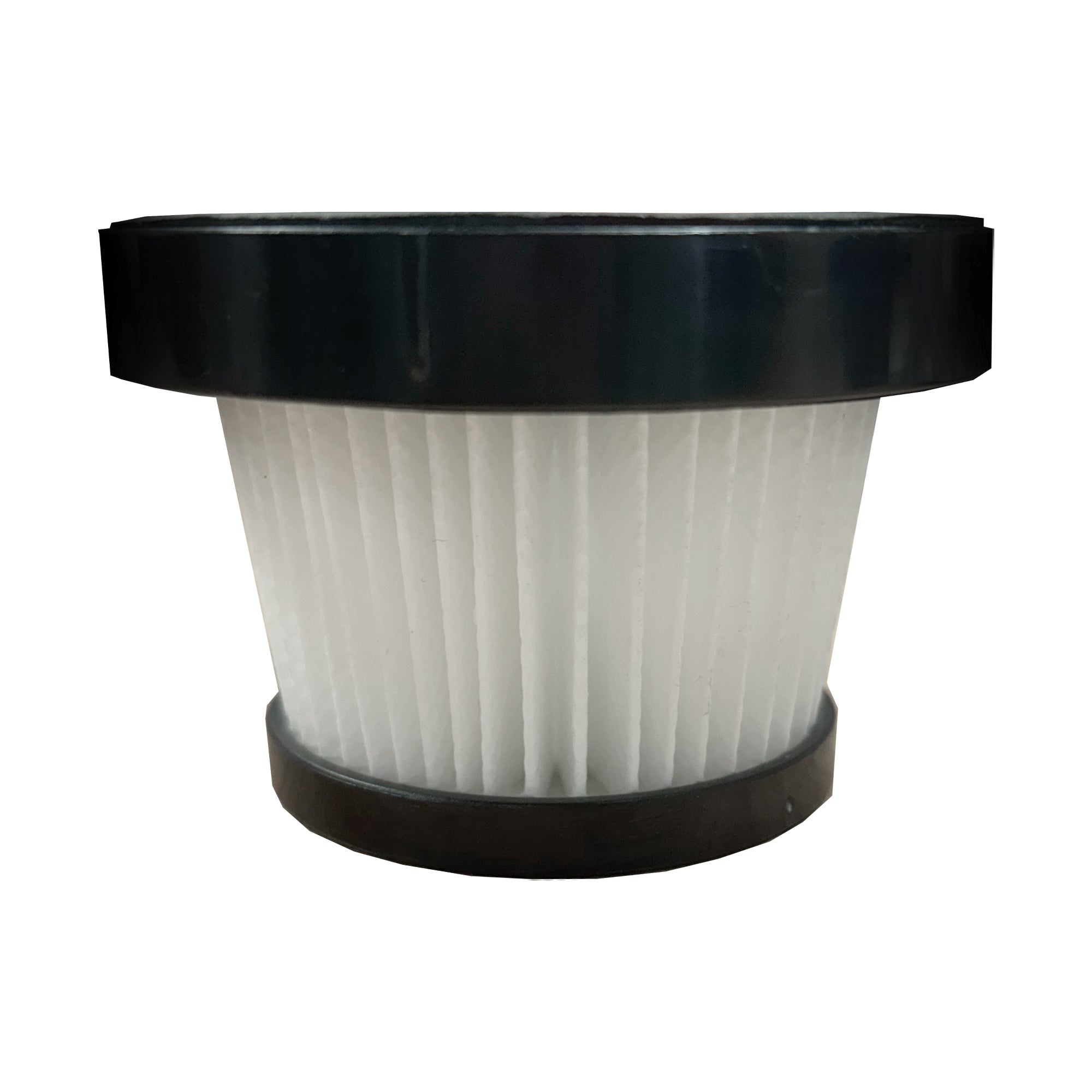 The Replacement Filter for EWVC3210 is a cylindrical, pleated white filter with black plastic edges, designed for cordless stick vacuum cleaners to trap dust effectively, displayed against a plain white background.