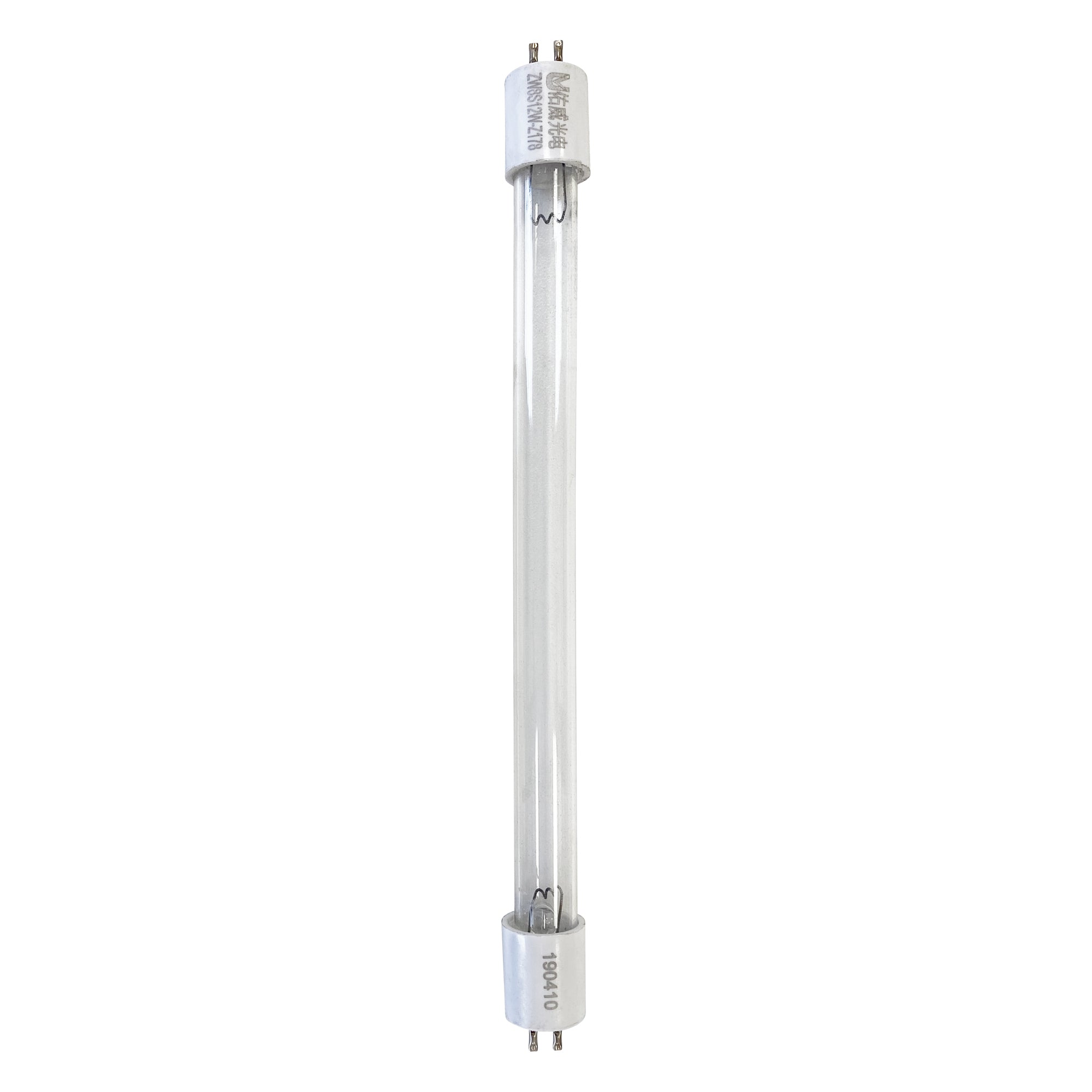 The UV Bulb for UV400 features straight, clear glass with metal pins on both ends and white end caps, shown against a white background—perfect as a replacement for your UV Light Mattress Cleaner.