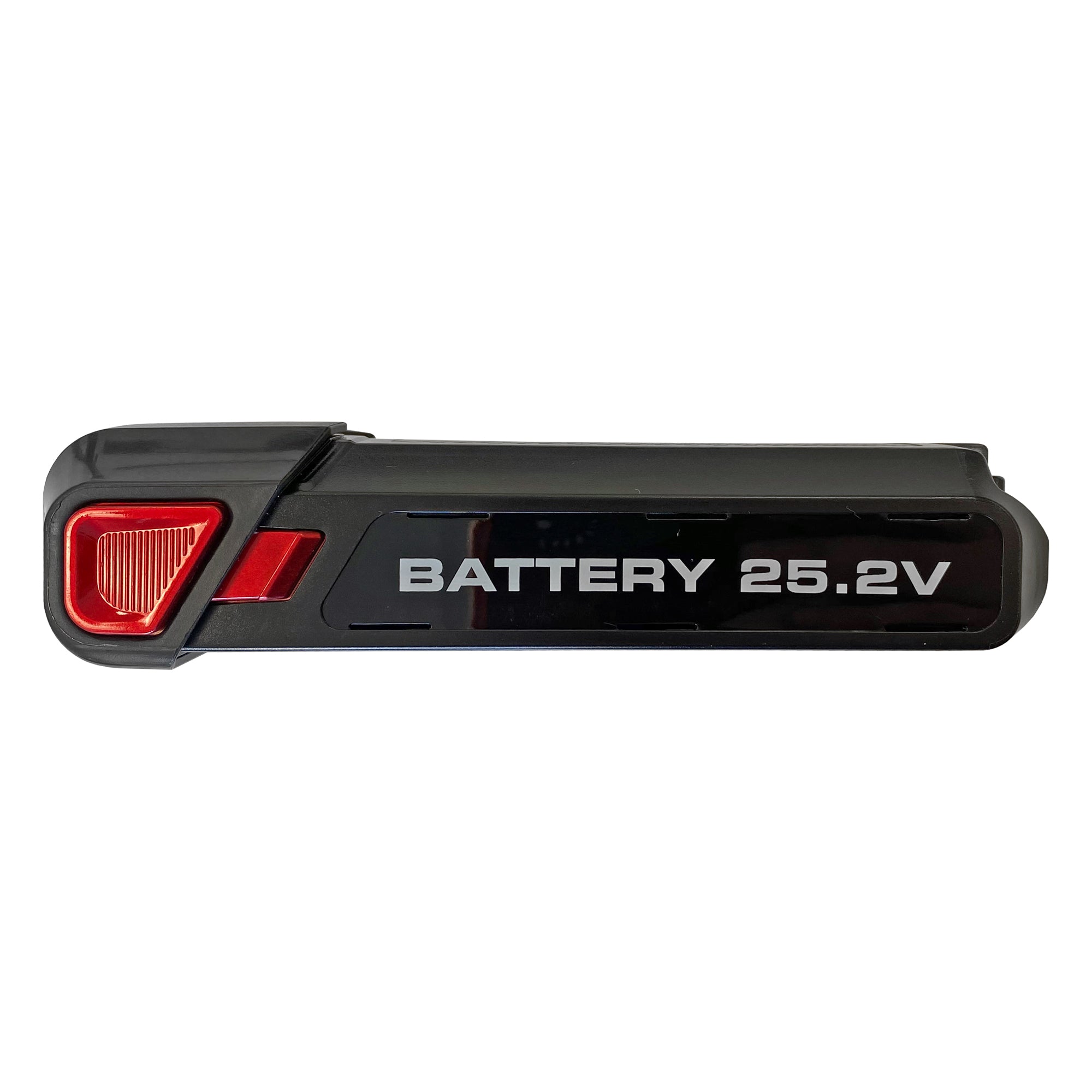A black, rectangular Replacement Battery for EW3040 AIRSTORM1 with a red accent and button or light, labeled BATTERY 25.2V, designed for the Cordless Stick Vacuum, shown against a white background.