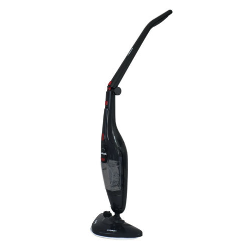 The Ewbank HYDROS1 5-In-1 Steam Mop, Black, featuring a curved handle, triangular base, and adjustable steam levels, stands upright on a white background as an efficient cleaner for hard floors.