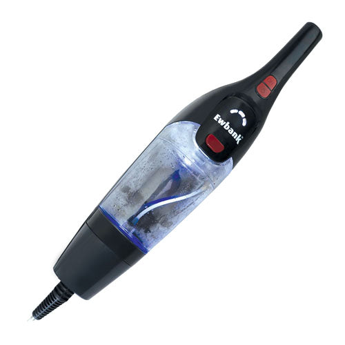 The Ewbank HYDROS1 5-In-1 Steam Mop in black is shown on a white background. Its dust container is partially filled, making it an ideal companion for your hard floor cleaner or handheld vacuum.