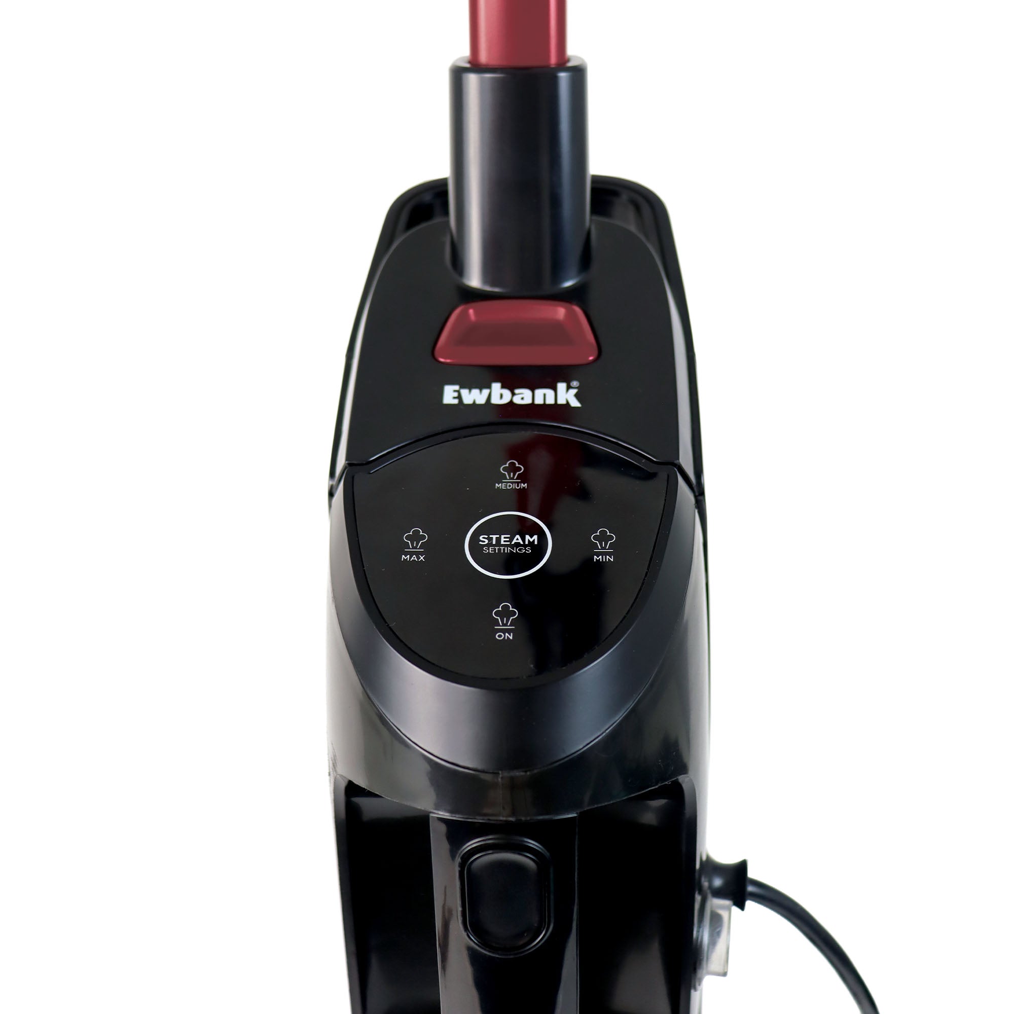 Close-up of the Ewbank HYDROSV 2-In-1 Steam Vacuum Cleaner in black, featuring red accents, control buttons for steam settings, and a visible top handle—showcasing its versatile steam cleaning and vacuum functions.