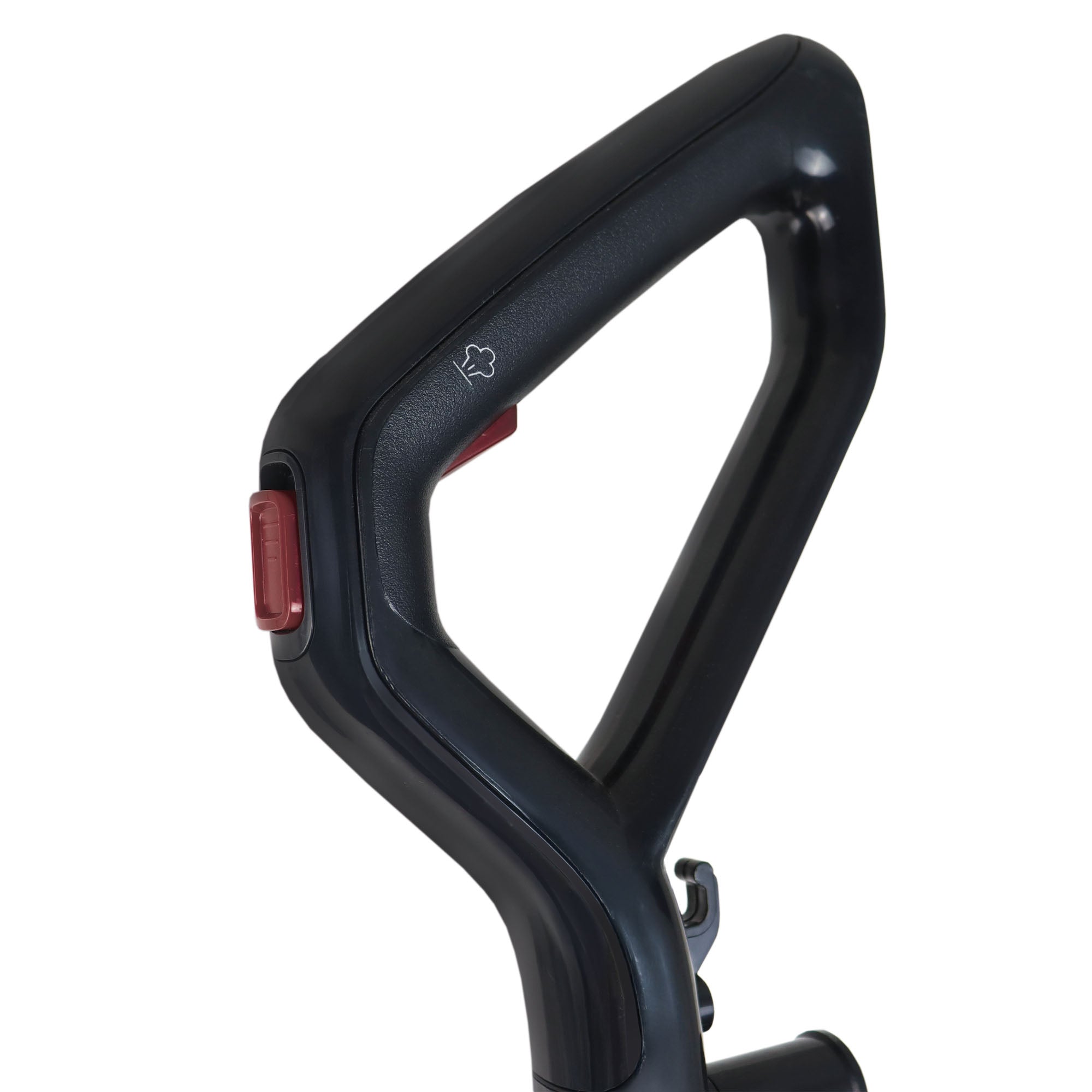 Close-up of the black, ergonomically triangular handle with red buttons on the Ewbank HYDROSV 2-In-1 Steam Vacuum Cleaner.