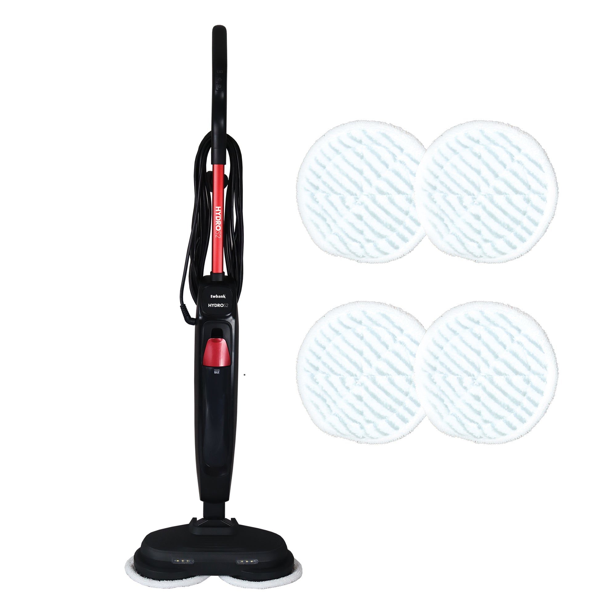 The Ewbank EWST04079 HYDROS2 Steam and Spin Mop features 1500W power, 220RPM rotating pads, 24g/min steam output, an 8m cord, LED lights, and a freestanding design—ideal for effortless hard floor cleaning.