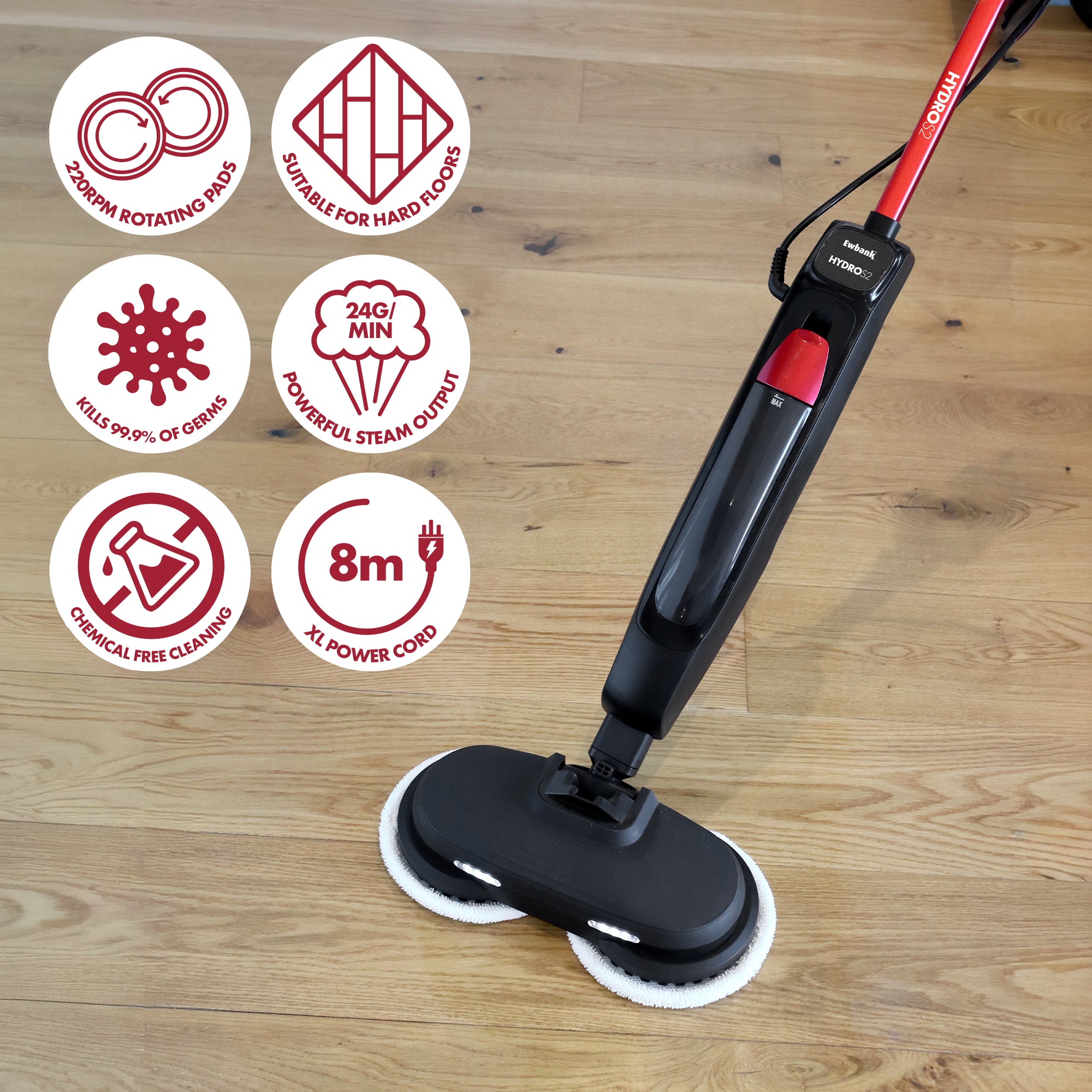 The Ewbank EWST04079 HYDROS2 Steam and Spin Mop, shown on a wooden floor, features 1500W power, 220RPM dual rotating pads, 24g/min steam output, an 8m cord, LED lights, and a freestanding design for chemical-free hard floor cleaning.