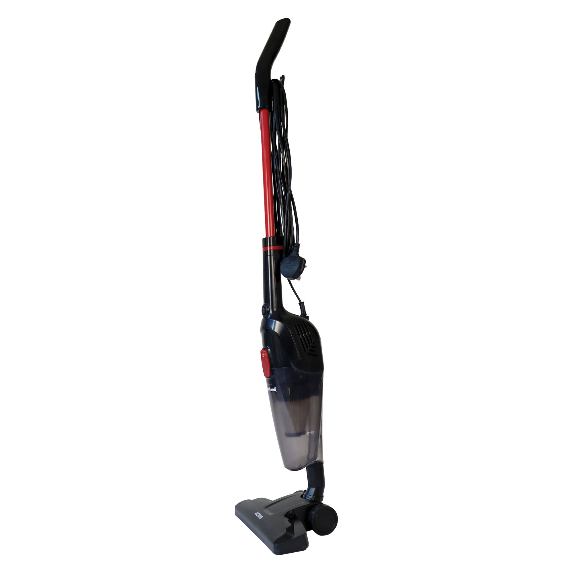 The ACTIVE 2-in-1 Corded Stick Vacuum Cleaner in red and black stands on a white background, featuring a clear dust container, cord wrap, lightweight design, and washable filter for easy maintenance.