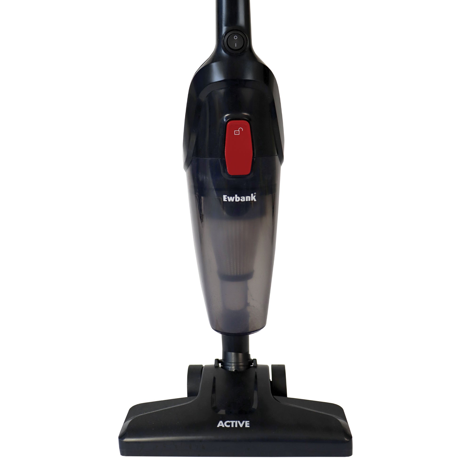 The ACTIVE 2-in-1 Corded Stick Vacuum Cleaner in red and black features a washable filter and easy maintenance, with the brand name Ewbank and model ACTIVE printed on it.