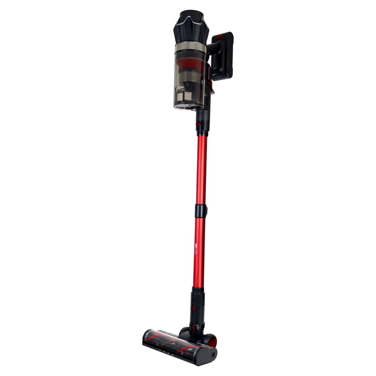 The AIRSTORM AUTO Empty Cordless Stick Vacuum Cleaner features a striking red and black design, a transparent dustbin conveniently located near the handle, and a motorized brush head for efficient handheld cleaning.