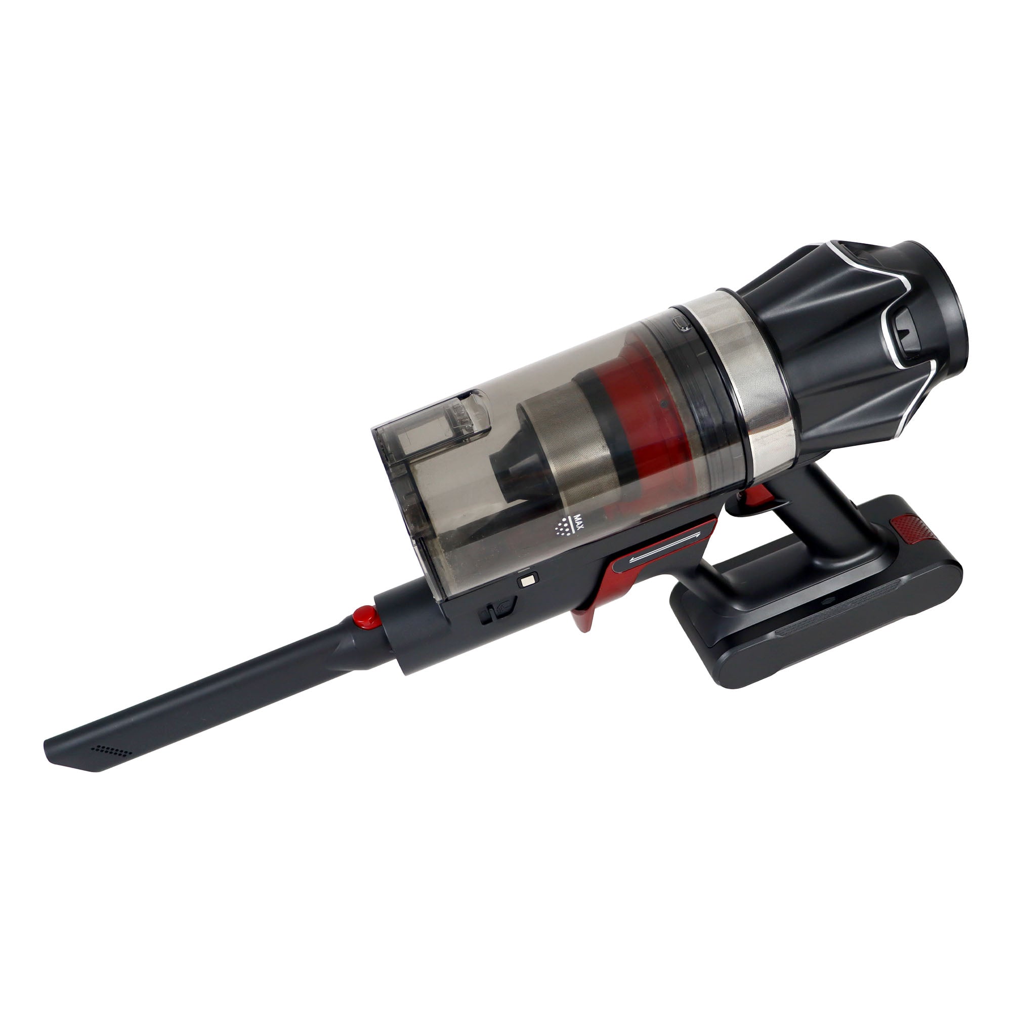 The AIRSTORM AUTO Empty Cordless Stick Vacuum Cleaner features a transparent dust container, sleek black and red accents, and a long, narrow nozzle attachment—making it perfect for handheld cleaning throughout your home or car.
