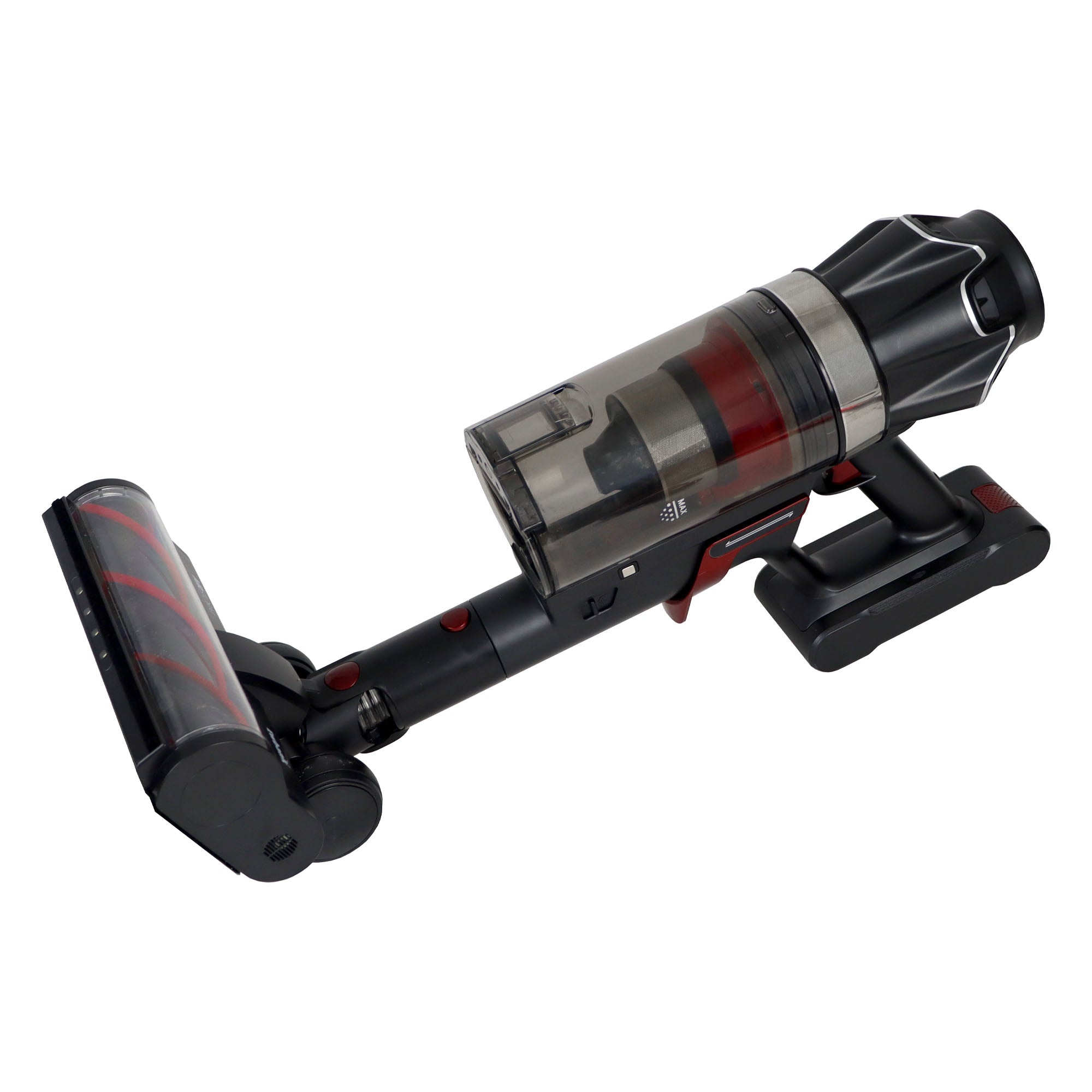 The AIRSTORM AUTO Empty Cordless Stick Vacuum Cleaner, featuring a sleek black and gray design with a transparent dust container and a rotating brush head for efficient handheld cleaning, is shown lying on its side against a white background.