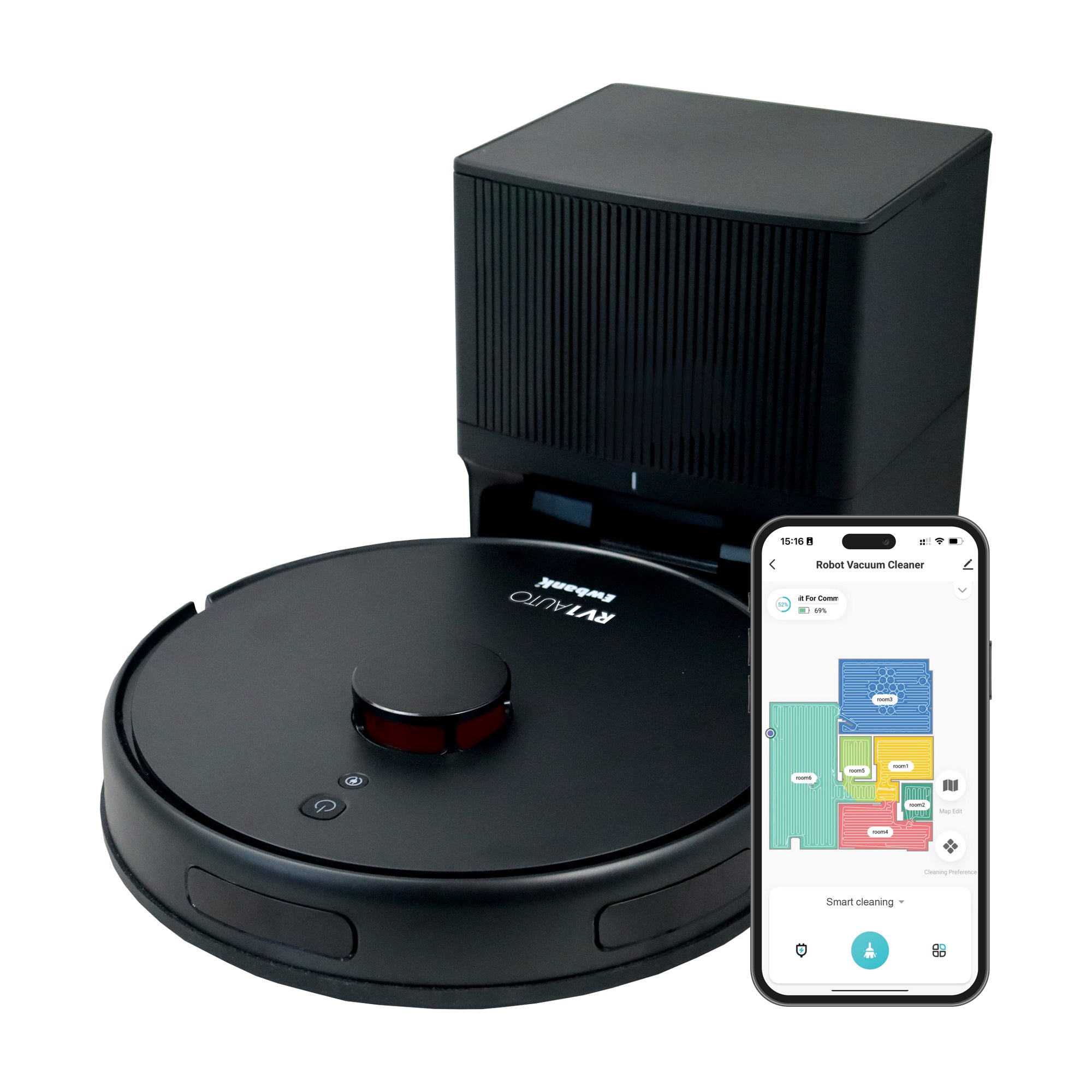 The Ewbank EWVC04604 RV1AUTO Robot Vacuum with Auto-Empty Station sits by its dock, while a smartphone showcases the Smart Life app’s color-coded map and easy cleaning controls.