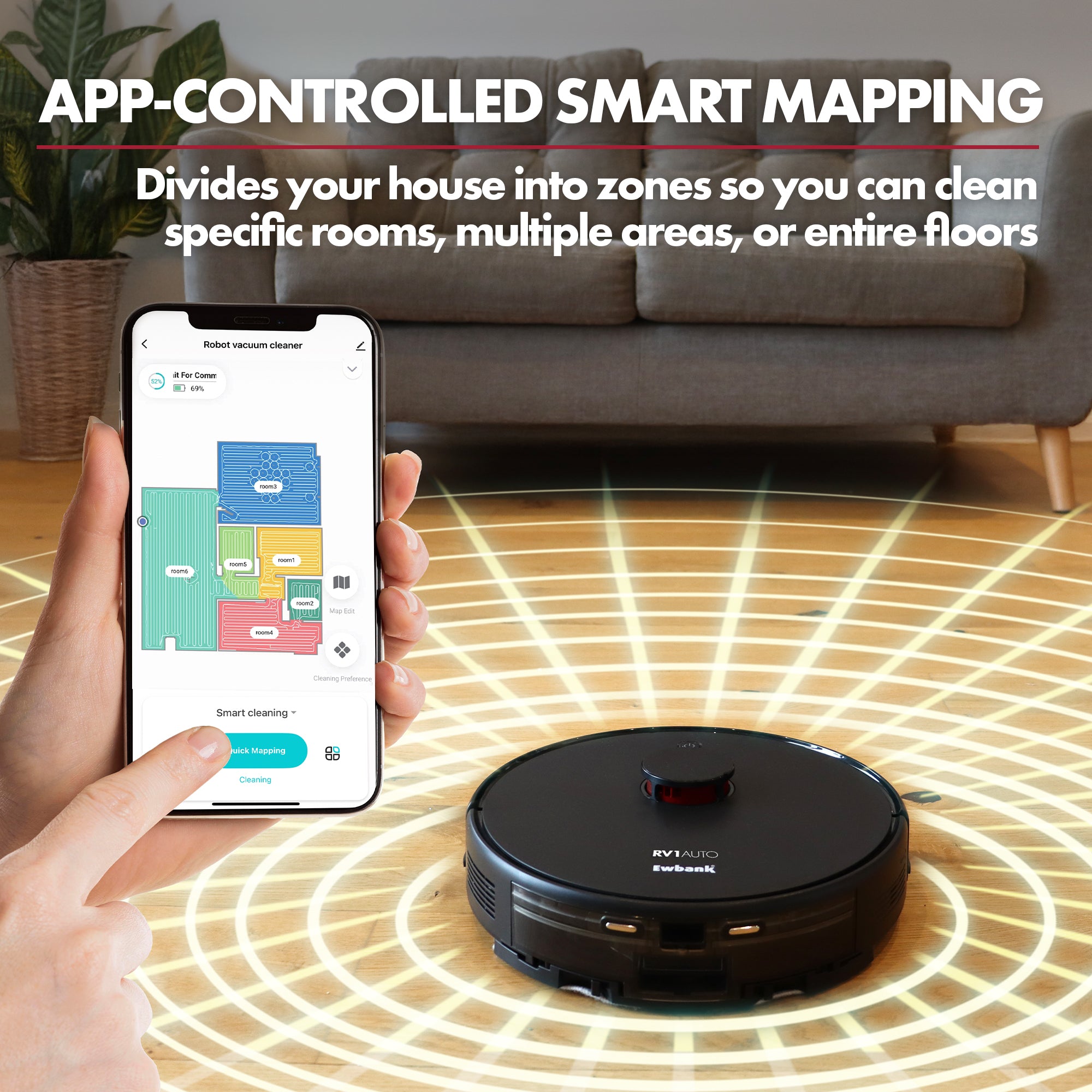 A hand holds a smartphone showing the Smart Life app with the Ewbank EWVC04604 RV1AUTO Robot Vacuum’s mapped zones. The vacuum, using LiDAR on a wooden floor, is surrounded by digital map lines. Text above highlights app-controlled smart mapping.