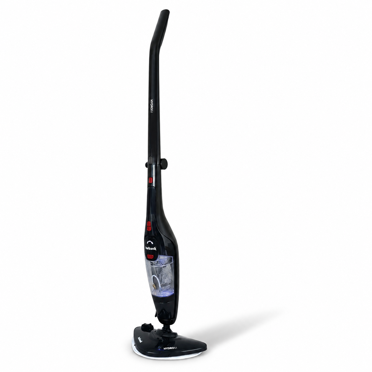 The Ewbank HYDROS1 5-In-1 Steam Mop in black, with adjustable steam levels, slim handle, and transparent water tank, stands on a white background—ideal for cleaning hard floors.