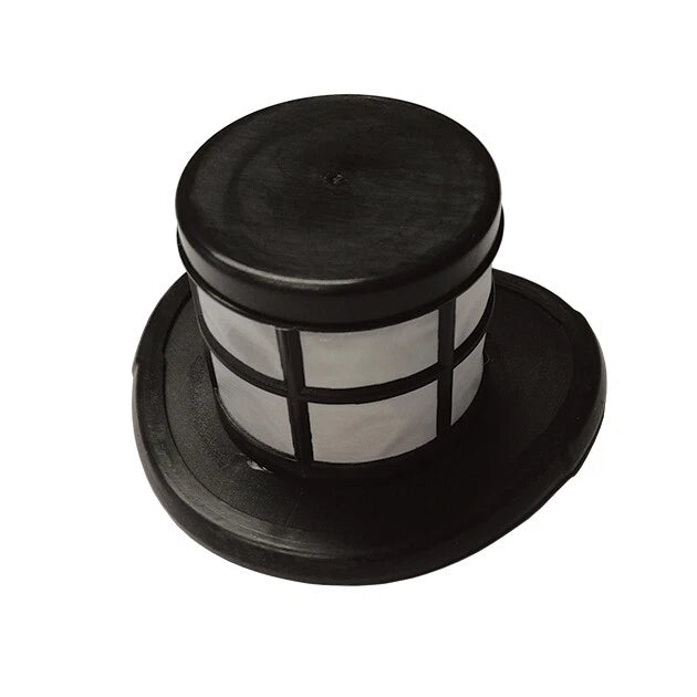 A black top hat with white, window-like side panels, resembling a lantern or lighthouse, set against a plain background—much like a Pre-Filter Basket for HSVC4, designed for effective filtration in your vacuum cleaner.